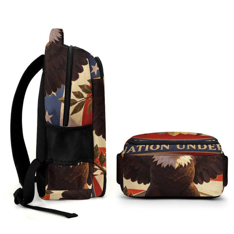 Side view of Vintage American Eagle Printed Unisex Backpack With Large Capacity, Durable Polyester Everyday Daypack For School Or Travel.