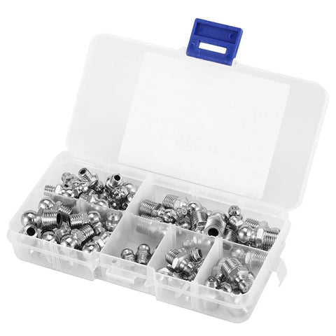 Beefy 45 Pcs Grease Nipple Fittings Set For Grease Guns Brass Metal Nipples M6 M8 M10 displayed in an open plastic box