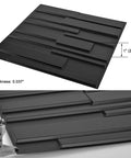 Close-up of Carbon Black 3D Wall Panels showing thickness details. 12 Pack 3D Wall Panels For Indoor Decor In Carbon Black 19.7 X 19.7 Inches Lightweight PVC Fire Resistant DIY Friendly Kit Covers About 32 Sq Ft Matte Black Wall Paneling.