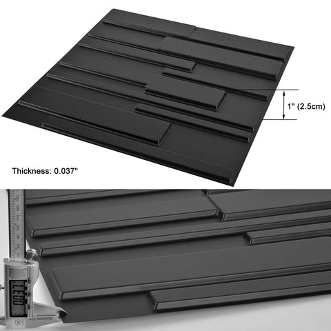 Close-up of Carbon Black 3D Wall Panels showing thickness details. 12 Pack 3D Wall Panels For Indoor Decor In Carbon Black 19.7 X 19.7 Inches Lightweight PVC Fire Resistant DIY Friendly Kit Covers About 32 Sq Ft Matte Black Wall Paneling.