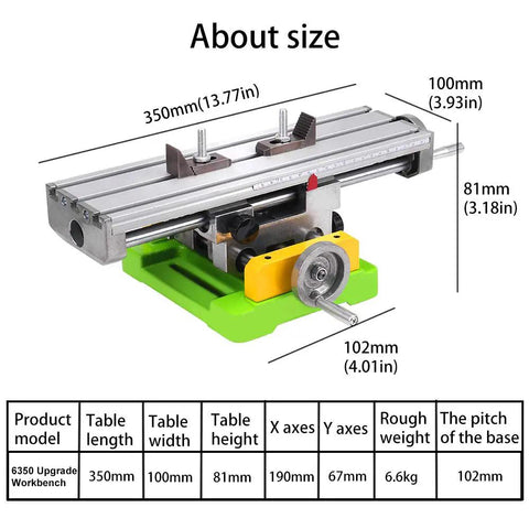 6350 Size Mini Multifunction Milling Work Table dimensions and features overview with adjustable X Y cross table.