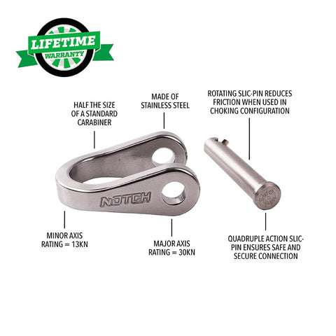 V3 Quickie Steel Shackle For Basal Canopy Anchors Or Redirects With Quadruple Action Rotating Slic Pin shown with text annotations.