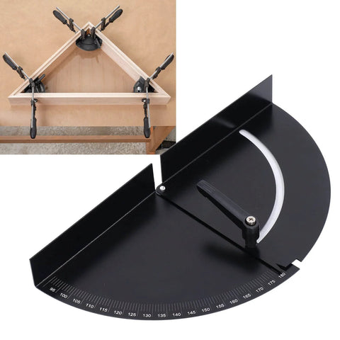 Protractor 180 Degrees Variable Angle Clamp For Woodworking Adjustable Corner Fixture With Black Finish in use and close-up view