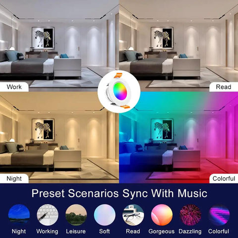 Living room with 2 Inch Smart LED Recessed Light Kit With 5W RGB Color Changing And CCT 2700K To 6500K, showing four lighting scenarios.