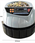 Piudoiliy Electric Coin Sorter Machine With Led Display And 8 Bins, top view with coins and LED display, sleek black and gray design.