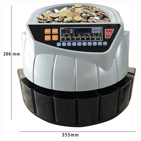 Piudoiliy Electric Coin Sorter Machine With Led Display And 8 Bins, top view with coins and LED display, sleek black and gray design.