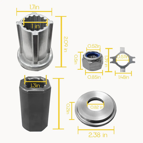 Flo Torq II Hub Kit 835257K1 components for Mercury 70 to 300 HP outboard motors with dimensions