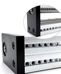 Pro Grade High Precision CNC Linear Guide Rail Kit For DIY Milling Machines And 3D Printers Smooth Motion Stage Rail Slide Table For Clean Cuts And Crisp Engraving 50mm Rail Stainless Steel That Holds Up close-up of stainless steel linear guide rail with black end blocks