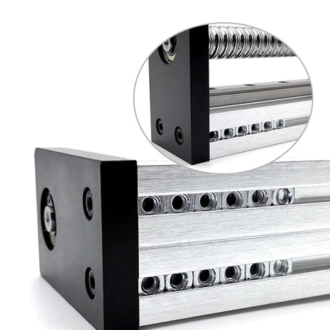 Pro Grade High Precision CNC Linear Guide Rail Kit For DIY Milling Machines And 3D Printers Smooth Motion Stage Rail Slide Table For Clean Cuts And Crisp Engraving 50mm Rail Stainless Steel That Holds Up close-up of stainless steel linear guide rail with black end blocks