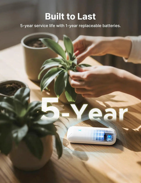 WiFi Temperature And Humidity Monitor For Home And Garden With Smart App Control Hygrometer For House And Plants Free Data Storage Export Three Sensors And One Base Station, white sensor on table