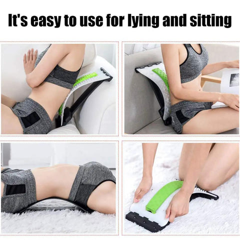 Get That Bad Back Feeling Gone With Emoly Back Stretcher Device For Upper And Lower Pain Relief Plus Lumbar Support Posture Corrector For Office Chair Slay Your Sciatica And Muscle Tension In Minutes Daily, shown in use for lying and sitting.