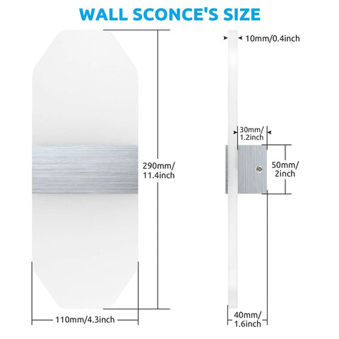 Product dimensions for RGB LED Wall Sconce Lights With Stepless Dimming And Bluetooth Control, 11.4 x 4.3 inches.