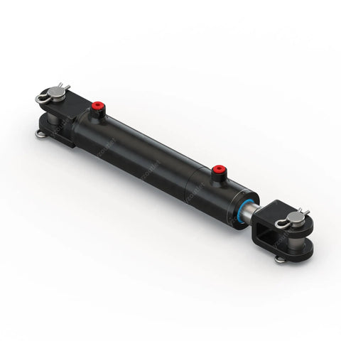 Rugged Heavy Duty Double Acting Hydraulic Cylinder With Welded Clevis, 3 Inch Bore, 4 Inch Stroke, Inline Ports, Parallel To Pin, SAE 8 Port, 3000 PSI Working Pressure, 1.5 Inch Shaft, 21206 Lb Load Capacity, Model CW3004 black welded clevis cylinder
