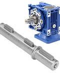 Rock Solid 18mm Alloy Steel Output Shaft For NMRV040 RV040 Reducers with gearbox in background, heavy duty transmission use.