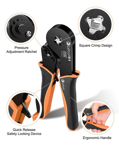 Ferrule Crimping Tool Kit For Wire And Terminal Ferrules, Square Jaw Crimpers With Ratchet, ergonomic handle and features