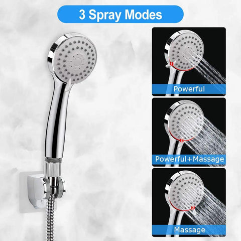 8 Inch High Pressure Rainfall Shower Head and Handheld Combo With 11 Inch Extension Arm No Leak Chrome Shower Set showing spray modes.