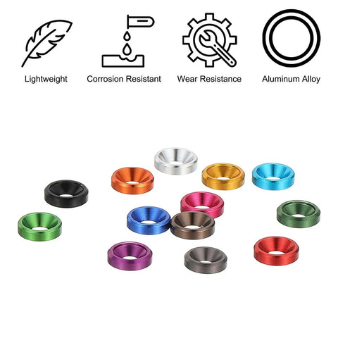 Assorted M3 Finishing Countersunk Washers, 10 Pack, Anodized Aluminum Oxide Alloy, Orange Finish, durable hardware shown.