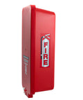 Built Tough Red Surface Mount Fire Extinguisher Cabinet With Lock Down Door and Quick Grip Pull Cover For Heavy Duty All Weather Outdoor Safety Setup Box side view with warning signs.