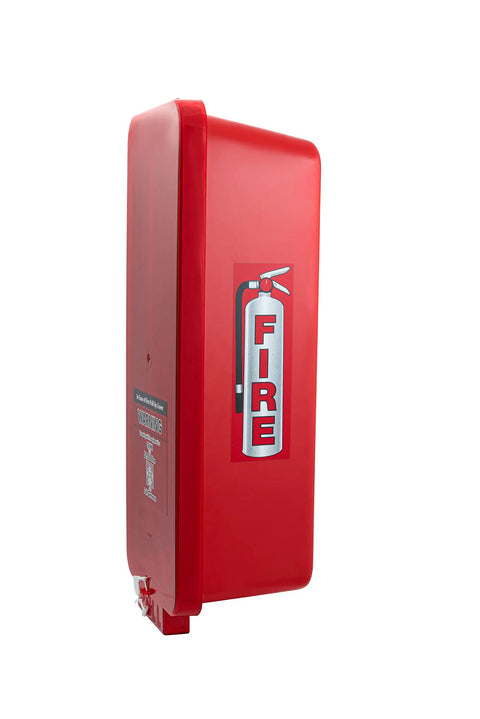 Built Tough Red Surface Mount Fire Extinguisher Cabinet With Lock Down Door and Quick Grip Pull Cover For Heavy Duty All Weather Outdoor Safety Setup Box side view with warning signs.