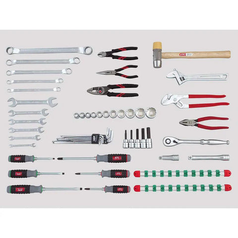 52 Piece Black Tool Set with rugged case for home improvement projects, displayed tools include wrenches and pliers.