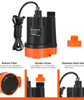 Submersible Water Pump One Third HP 2500GPH Portable Electric Utility Pump For Clean Water Drainage Super Handy For Pool Draining Flood Cleanup Basement Wet Areas And More with garden hose adapter and stainless steel handle
