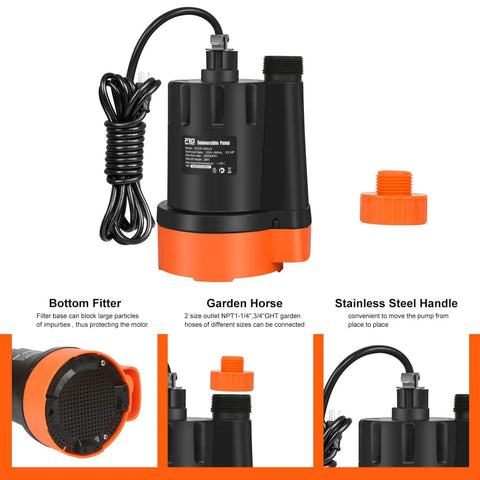 Submersible Water Pump One Third HP 2500GPH Portable Electric Utility Pump For Clean Water Drainage Super Handy For Pool Draining Flood Cleanup Basement Wet Areas And More with garden hose adapter and stainless steel handle