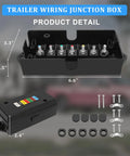 7 Way Trailer Junction Box Weatherproof Rugged Kit With Color Coded Terminal Studs 4 Pack showing open box dimensions and components