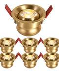 Top Shelf 3 Inch 7W Brass LED Recessed Spotlights With A Slick Baffle Trim And Fully Adjustable Eyeball Heads Heavy Duty Copper Core For Seamless Home Retrofit Lighting Sets Of Ten Warm White - close-up view of six brass LED spotlights with adjustable clips.