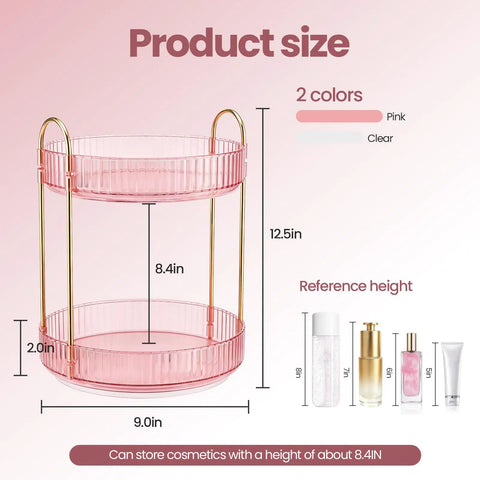 Total Game Changer, 360 Rotation Makeup Organizer For Vanity Desk, showcasing pink two-tier design with 12.5in height and gold accents.