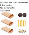 100 Pack Mini Natural Kraft Paper Bags 3x5 Inches For Bakery Cookies Treats Snacks Popcorn Gift Bags Stampable Eco Friendly Non Toxic Flat Bags For Crafts Party Favors showing capacity comparison with cookies, fries, and pistachios.