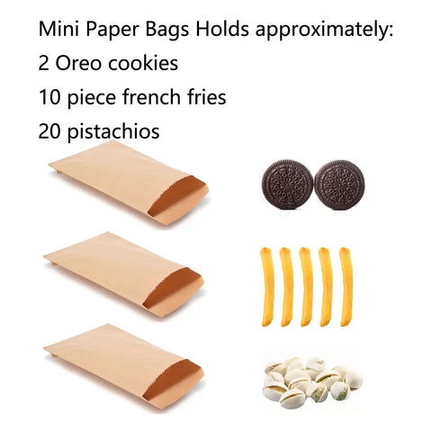 100 Pack Mini Natural Kraft Paper Bags 3x5 Inches For Bakery Cookies Treats Snacks Popcorn Gift Bags Stampable Eco Friendly Non Toxic Flat Bags For Crafts Party Favors showing capacity comparison with cookies, fries, and pistachios.