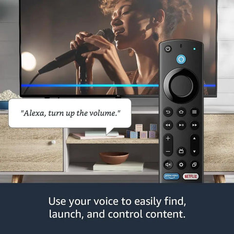 Fire TV Alexa Voice Remote Enhanced For Fire TV Omni LED Series, Omni QLED Series in front of a TV with voice control prompt.