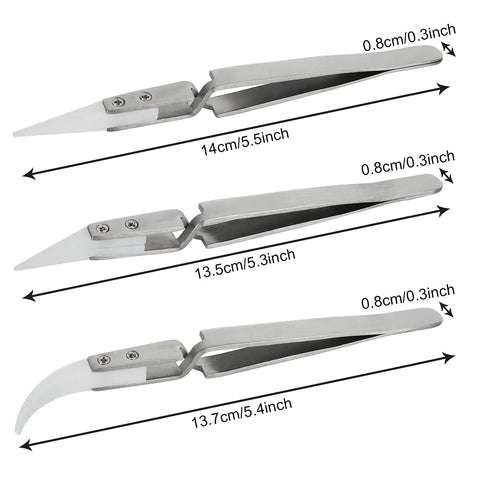 Three Six Piece Precision Ceramic Reverse Solder Tweezers with dimensions, pointed and curved tips, anti-magnetic cross lock fiber grip.