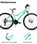 26 Inch Mountain Bike For Women And Men With Step Through Frame, 18 Speed Derailleur Gearing, Green, front view