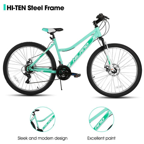 26 Inch Mountain Bike For Women And Men With Step Through Frame, 18 Speed Derailleur Gearing, Green, front view