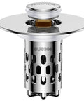 Universal Bathroom Sink Drain Strainer With All Metal Pop Up Stopper And Removable Stainless Steel Filter Basket showing stainless steel design and pop-up mechanism.