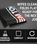 Folded heavy-duty vinyl fender cover with text highlighting chemical resistance, compact size, and reusability. Vinyl Fender Cover For Car Repair 27 By 34 Inch, Heavy Gauge, Chemical Resistant Shield To Protect Paint And Finish, Keeps Tools From Rolling, Non Slip Surface, Durable Mechanics Fender Protector For DIY And Pro Shops.