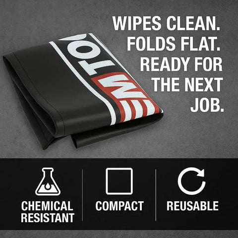 Folded heavy-duty vinyl fender cover with text highlighting chemical resistance, compact size, and reusability. Vinyl Fender Cover For Car Repair 27 By 34 Inch, Heavy Gauge, Chemical Resistant Shield To Protect Paint And Finish, Keeps Tools From Rolling, Non Slip Surface, Durable Mechanics Fender Protector For DIY And Pro Shops.