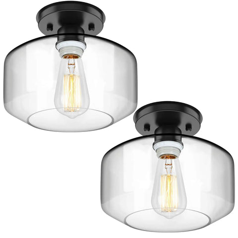Dope Industrial Style Semi Flush Mount Ceiling Light 2 Pack with Clear Glass Shades, front view, E26 bulbs not included.