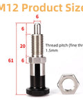 Stainless Steel Self Locking Plunger Pin With Spring Loaded Quick Pull Ring To Lock Down Tool Box Drawers Tight Built Tough For Clean Shop Setup Pro Grade M12 Fine Thread Hardware with dimensions and hex nut.