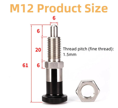 Stainless Steel Self Locking Plunger Pin With Spring Loaded Quick Pull Ring To Lock Down Tool Box Drawers Tight Built Tough For Clean Shop Setup Pro Grade M12 Fine Thread Hardware with dimensions and hex nut.