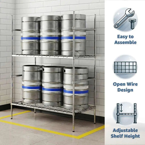 Heavy Duty Industrial Keg Rack With Adjustable Wire Shelves For Commercial Kitchens NSF Certified Steel Beverage Storage Rack Built Tough For The Long Haul Supports 800 Pounds Per Shelf