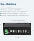 Industrial Seven Port USB Two Point Zero Hub With NEC Chip showing front view and dimensions in a technical specification sheet.