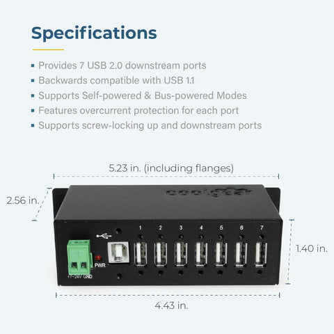 Industrial Seven Port USB Two Point Zero Hub With NEC Chip showing front view and dimensions in a technical specification sheet.