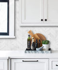 Kitchen with Herringbone Peel And Stick Backsplash Tiles White Marble Look PVC 12x12 Inch, 10 Sheets Covering 7.7 Sq Ft