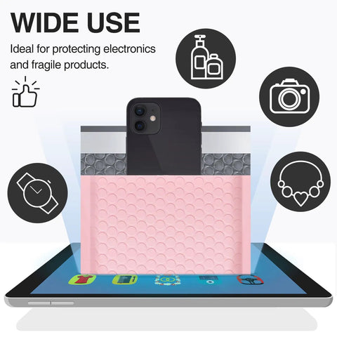 Large Bubble Mailers 12x16 Inch Pack Of 25 No Fuss Usable Inner 12x15 Inch Size Light Pink Padded Envelopes with phone inside
