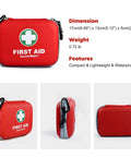 Front view of red SuccorWare 150-piece mini hard-shell first aid kit with carabiner.