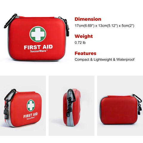 Front view of red SuccorWare 150-piece mini hard-shell first aid kit with carabiner.