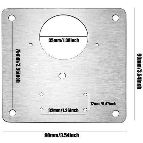 Diagram of Stainless Steel Cabinet Hinges Repair Plate Kit for Kitchen Cupboard Doors with dimensions and fixing holes shown.