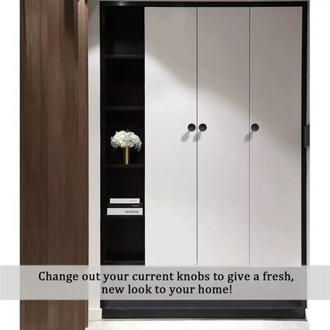 White wardrobe with 12 Pack Black Aluminum Cabinet Knobs With Screws, round drawer hardware, sleek flat black finish.